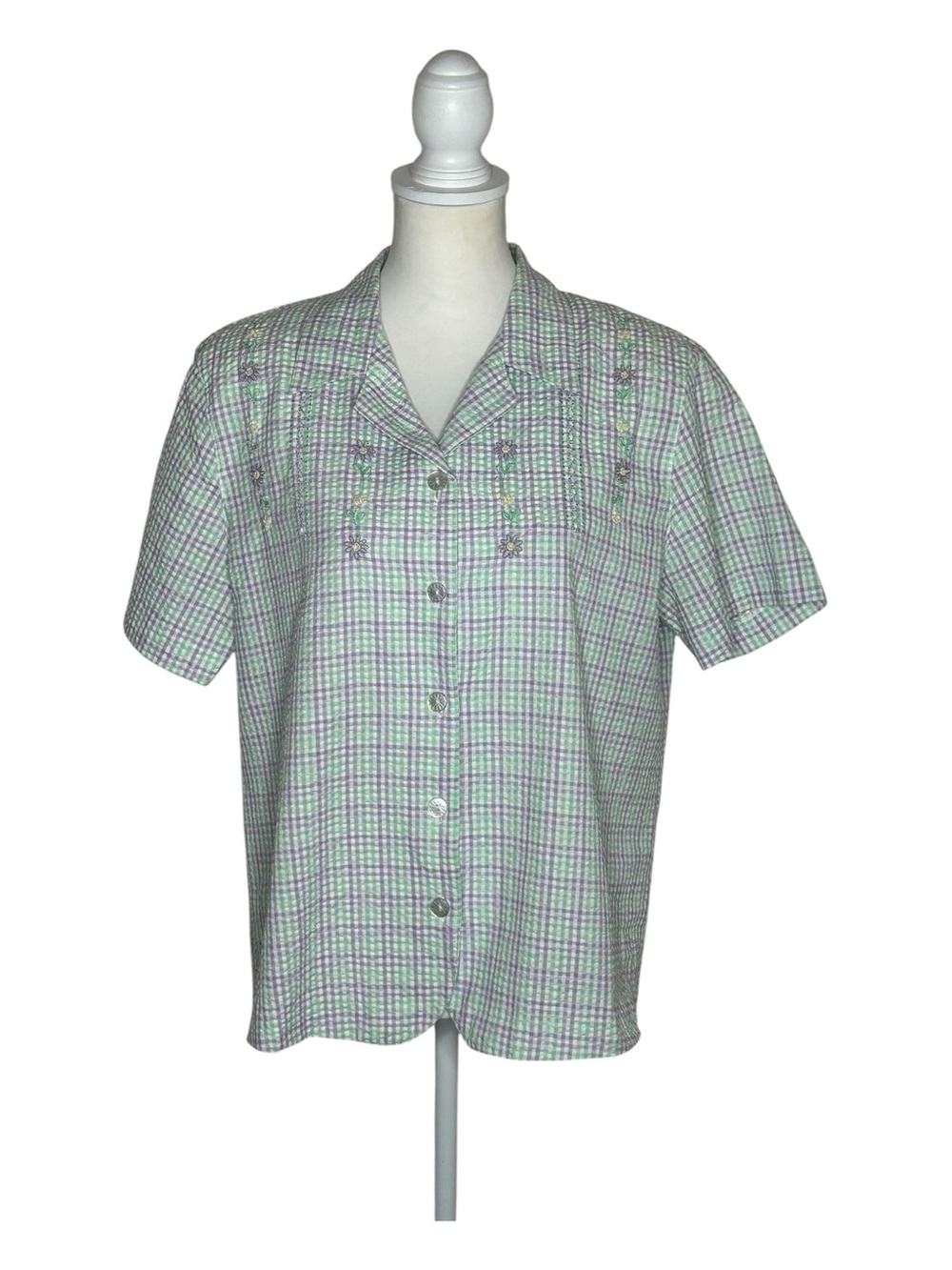 Alfred Dunner Vintage Green Purple Seersucker Plaid Short-Sleeve Shirt Sz 14 EUC